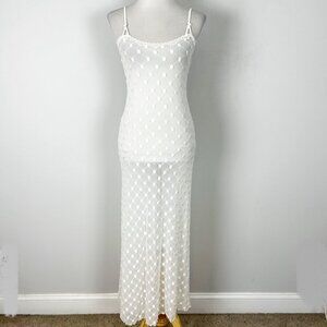 Y2K Ivory Embroidered Long Slip Dress Sheer Mesh Coquette Size Small Women's